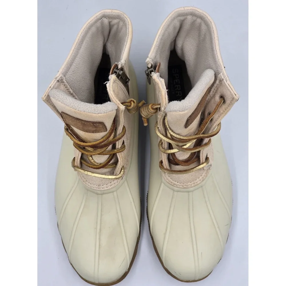 Sperry Waterproof Duck Booties Saltwater Canvas Oat/Gold‎ STS80493 Wmns Size 9